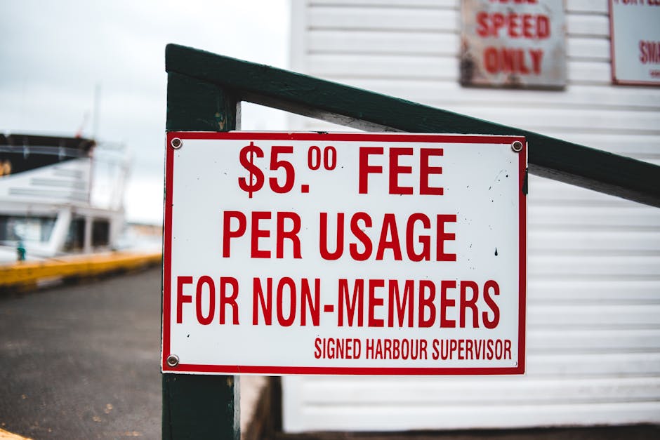 A rectangular white sign with bold red lettering displaying a $5.00 fee per usage for non-members, mounted on a green post with a dark green railing above it. The background shows a dock area with boa