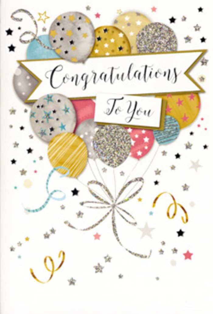 In this image, a beautifully designed congratulations card stands as the focal point, offering a sense of celebration that feels right at home in Gospel Oak's mix of calm streets and lively corners. The card front is adorned with a lush gathering of illustrated balloons, arranged in a way that resembles a hand-crafted bouquet. Each balloon is round and gently reflective, rendered in a soft palette of metallic gold, silver, champagne, sky blue, blush pink, and subtle grey tones. Delicate star patterns, glittery textures, and fine linear designs give every balloon its own character, creating the sensation of different surfaces-some smooth and glossy, others lightly textured with sparkling dust. Their strings, drawn as slender ribbons of gold and silver, cascade downward in elegant curves before meeting in a swirling flourish that anchors the whole design. Surrounding the balloon cluster, the pale background is gently animated with scattered metallic stars, looping party streamers, and tiny confetti-like dots, suggesting movement and the spontaneous joy of a surprise celebration. Across the middle, a softly arched banner weaves through the balloons, bearing a dignified Congratulations greeting in fluid, calligraphic script that glimmers as if printed with foil. The effect is both festive and polished, the kind of card you might pair with a bouquet of seasonal blooms for same-day delivery to a home near Gospel Oak Overground station or close to Hampstead Heath. From a florist's perspective, it's easy to imagine tucking this card among stems of roses and eucalyptus, allowing its quiet glamour and joyful tone to mirror the heartfelt pride and warm wishes you want to send when someone's achievement truly matters.
