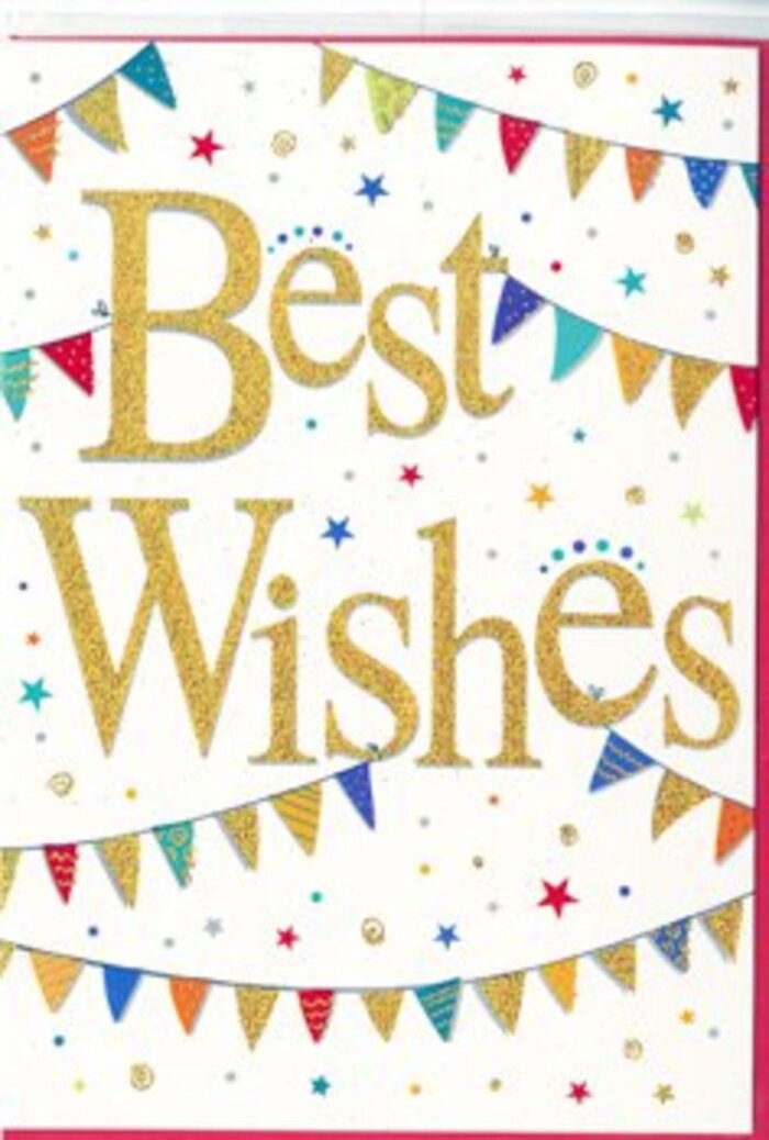 This Best Wishes card appears like a small celebration ready to be slipped into a bouquet from a local North London florist. At the centre of the image, the words Best Wishes are written in expressive gold script, each letter thick and flowing, as though painted by hand with a careful, practiced brush. The gold finish is bright and reflective, suggesting a foil or glitter coating that catches and shifts with the light, adding a luxurious, festive sparkle against the clean white card. Surrounding this central phrase, strands of colourful bunting stretch in arcs above and below, recalling cheerful decorations you might see during a street party near Gospel Oak station or a summer event on Parliament Hill. Each tiny triangular pennant is vividly coloured-midnight blue, ruby red, lime green, sunflower yellow, fuchsia, and aqua-with some flags simply solid and others delicately patterned with stripes, polka dots, or mosaic-like designs. Sprinkled across the remaining white space are small stars and dots in matching tones, placed sparingly enough that they feel like softly falling confetti rather than a busy pattern. The overall look is light, spacious, and full of movement, guiding the eye naturally back to the glistening gold message in the middle. Emotionally, the card feels warm and inclusive, ideal for sending congratulations, encouragement before an interview in nearby Kentish Town, or a simple note of good luck to a friend starting a new chapter. It captures that uplifting moment when news is shared and everyone smiles, radiating kind wishes and supportive energy from the heart of Gospel Oak.