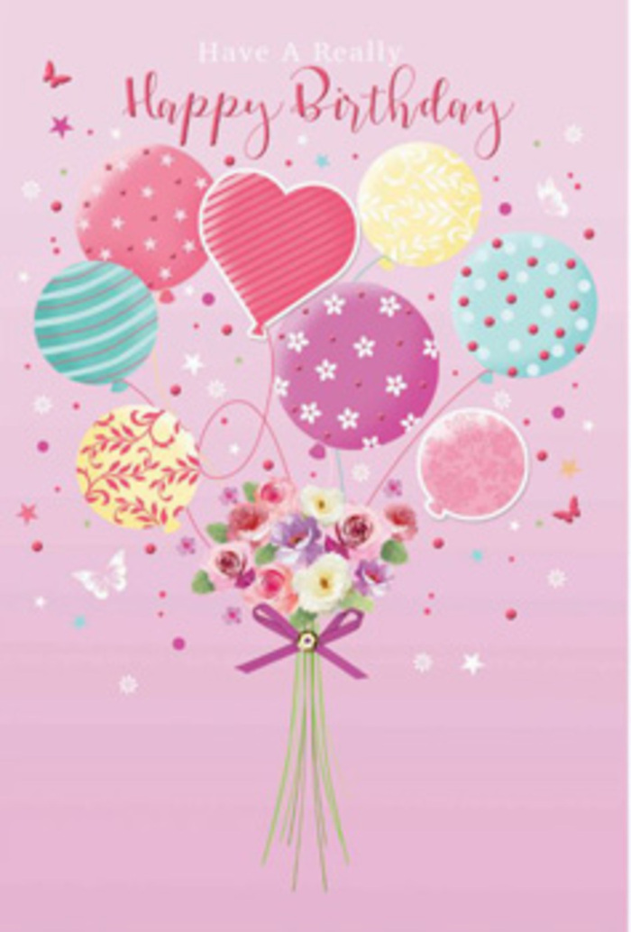 There is a feeling of quiet jubilation in this birthday image, as if a little party has been captured in midair above the streets of Gospel Oak. The scene is set against a gentle pink backdrop that suggests the inside of a thoughtfully chosen card. In the centre, a cluster of pastel balloons floats upward, tethered not to a simple weight but to a lush, hand-tied bouquet. The balloons vary in shape and decoration: classic round ones decorated with curving stripes, others scattered with cheerful polka dots, and a standout heart-shaped balloon radiating soft affection. Their palette-rosy pinks, sea-glass greens, lemony yellows, and lavender-feels fresh and inviting, like a spring afternoon stroll toward Hampstead Heath.

Anchoring all this playful movement is the bouquet at the base. Flowers are tightly gathered, with petite roses and daisy-like blooms shaded from creamy white through blush and into deeper rose tones, each petal softly contoured. The arrangement has the careful balance you would expect from Gospel Oak Flowers, reflecting the practiced eye of a florist used to preparing birthday surprises for neighbours near Lissenden Gardens. A shimmering purple bow cinches the stems; its satin loops and gently curling tails shine subtly, suggesting texture and depth.

Around the main design, small stars and a few whimsical butterflies drift, as if carried by the same air lifting the balloons. The lighting is warm and even, highlighting the rounded shapes of the balloons and the delicate edges of the petals without harsh contrast. Overall, the illustration conveys a tender birthday joy, combining the energy of balloons with the softness of fresh flowers to create a greeting that feels both playful and heartfelt for someone in Gospel Oak.