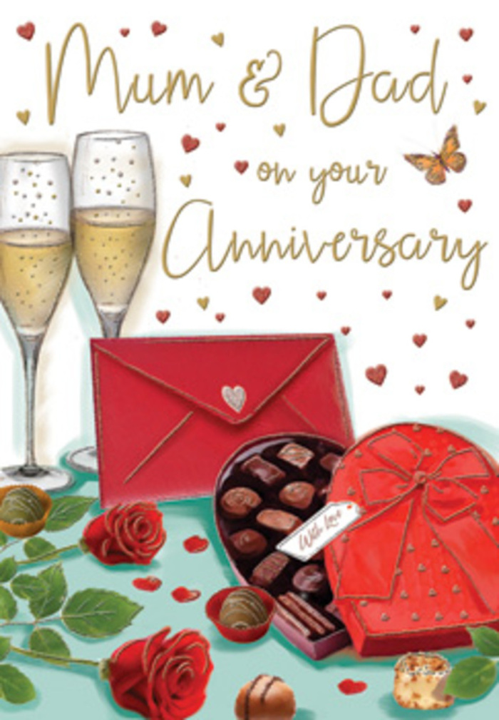 The artwork on this anniversary card paints a luxurious, heartfelt scene that could easily sit on a sideboard in a Gospel Oak home, ready for an evening toast. Two refined champagne flutes anchor the composition, standing shoulder to shoulder, each filled with champagne that glows softly, like late afternoon sun. Delicate streams of bubbles rise within the golden liquid, frozen at the moment just before glasses meet. In the foreground, an open heart-shaped box of chocolates draws the eye, its curved edges lined with rich red and topped with a voluminous bow that suggests care and thoughtfulness in every fold. Inside the box, neatly arranged truffles glisten with smooth surfaces, from milk to dark chocolate tones, inviting the idea of slowly savouring each piece together. Resting close by, two regal red roses lie across a swathe of green foliage, the petals dense and velvety, unfurling as though freshly cut from a bouquet crafted that morning at Gospel Oak Flowers for delivery near Gordon House Road or the paths leading to Parliament Hill. Their deep crimson hue echoes the envelope that sits nearby-a striking scarlet, perfectly sealed, leaning just enough to show it has been placed with intention. It hints at a personal message inside, handwritten words reflecting on years of shared milestones, family memories, and everyday moments. Around all of this, a flurry of tiny gold and red hearts drifts across the background, giving the impression of love and joy suspended in the air. The entire scene blends romance with homely comfort, like an anniversary evening spent overlooking Hampstead Heath, where roses, chocolates, and champagne become symbols of a bond cherished and renewed.