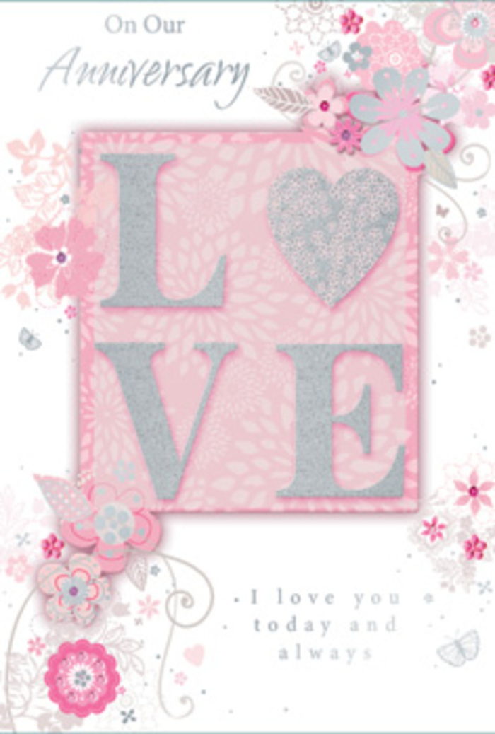 An anniversary card is shown, radiating the kind of gentle warmth that feels at home in a sunlit Gospel Oak living room. Its main motif is the word LOVE, set prominently in the centre in a frosted, glittering print that shimmers when it catches the light, much like a fine dusting of frost on early-morning petals. The letters are raised from the surface, giving a subtle three-dimensional effect that can be felt under the fingertips, adding an intimate, tactile experience to the visual beauty. Around this word, wispy, hand-drawn flowers and soft sprays of leaves drift along the card's borders. Their colours are carefully balanced in shades of pink, lilac, and ivory, merging in a gentle gradient that recalls a pastel bouquet carried home from a local florist on Mansfield Road. The blossoms are not strictly botanical but impressionistic, their airy outlines suggesting open blooms, smaller buds, and delicate fronds of foliage. Fine filigree lines weave between the flowers, and tiny leaves and graceful curls of ink add a lace-like delicacy. On closer inspection, almost-hidden butterflies appear in the design, their shapes so subtle they feel like little secrets, fluttering at the margins as though drifting up from a bed of flowers near Lismore Circus. The background is soft and luminous, allowing the floral artwork and central lettering to stand out without overwhelming the senses. A simple but profound message-I love you today and always or similar-rests in understated, elegant type below, inviting a moment of reflection, gratitude, and hope. Overall, the card reads like a hand-tied bouquet translated into paper form: quietly fragrant with sentiment, beautifully arranged, and crafted with the same attentive artistry that defines thoughtful anniversary gifts in Gospel Oak.