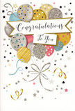 This congratulations card looks like a little pocket of joy, the sort of design you might find propped beside fresh flowers in a Gospel Oak florist's window. At its centre is a generous spray of illustrated balloons, gathered together in an arrangement that feels both playful and refined. The balloons are shown in soft metallic hues-gold, silver, champagne, gentle blue, blush pink, and muted grey-each one subtly different in decoration. Some are sprinkled with star-shaped accents, others glimmer with fine glitter, and a few are patterned with slim, graceful stripes, lending depth and richness to the composition. Their slender strings flow downward in winding lines of gold and silver that twist together in a decorative flourish, much like curling ribbon tied around a bouquet. The background is pale and airy, scattered with tiny stars, swirling ribbon shapes, and delicate confetti dots, giving the impression of motion, as though the design is caught in the middle of a cheerful celebration. Threaded through the centre of the balloon cluster is a gently unfurling banner, proudly bearing the words Congratulations To You in elegant calligraphy that shines softly, as if touched with metallic ink. The mood is unmistakably festive-warm, optimistic, and slightly glamorous-perfect for marking a proud moment, whether it's a promotion, exam success, or a new chapter beginning in a flat near Mansfield Road or by the edge of Hampstead Heath. For a florist at Gospel Oak Flowers, this card feels like the ideal finishing touch to a hand-tied arrangement, echoing the same sense of accomplishment and heartfelt delight that fresh blooms bring to a celebration.