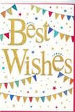 In this image, a joyful Best Wishes card is displayed, its design bursting gently with colour and optimism in a way that suits countless celebrations across Gospel Oak. The focal point is the phrase Best Wishes, written in large, cursive letters that sweep confidently across the centre of the card. The script is rendered in rich metallic gold, catching the light with a foil-like gleam and standing out beautifully against the crisp white background. You can almost feel the slight texture of the raised lettering beneath your fingertips. Draped above and below this central message are graceful strands of bunting, each one forming a soft arc from one side of the card to the other, like festive garlands strung along a balcony overlooking leafy local streets. Every small triangular pennant is a different bright colour-deep blues, lively reds, fresh greens, warm yellows, and playful pinks-with some decorated in tiny stripes or dots that give the design a handmade charm. Scattered around the bunting are tiny stars and confetti-like dots in the same rainbow of colours, placed with just enough space that they feel airy and weightless, as if gently floating through the air. The card manages to feel both polished and delightfully fun, perfect for congratulating someone on a new home near Savernake Road, a special achievement at school, or a long-awaited promotion. Its blend of shimmering gold, colourful decoration, and open white space creates a sense of shared joy and heartfelt encouragement, like a quiet but sincere cheer from a close friend in the Gospel Oak neighbourhood.