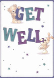 The joyful energy of Gospel Oak shines in this get well card, where two delightful friends-a honey-brown teddy and a floppy-eared puppy-spring from the design with infectious playfulness. Each character joyfully supports the large, colourful 'Get Well' lettering, their warmth and affection clear in the nuanced brushwork and expressive eyes. The indigo and teal tones of the bold, leaping text stand vibrant against a soothing cream background, reminiscent of the gentle morning light streaming into a Gospel Oak flower shop. Sparkling stars in glimmering shades of blue and purple sprinkle hope across the composition, bringing a sense of magic akin to making a wish by the linden trees in Lismore Circus. The tactile rendering of fur-plush, soft, almost inviting to the touch-wraps the card in a blanket of comfort. More than just words on paper, this card seems to offer an embrace, an emotional remedy much like a bouquet thoughtfully arranged for delivery to a neighbour in need. It's a heartfelt gesture perfectly suited to the spirit of community and compassion that defines Gospel Oak.