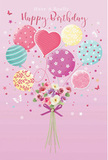 This birthday design looks like a whimsical moment suspended in time over Gospel Oak, where balloons, blossoms, and soft colour all meet. A smooth, pastel pink background sets a calm, romantic tone. At the centre, a loose cluster of balloons is gathered, each string trailing down toward a compact bouquet at the base. The balloons are painted in pastel hues-powdery pink, seafoam green, sunny yellow, and lavender-with patterns that bring them to life: some swirl with ribbon-like stripes, others are dotted with polka spots, and a heart-shaped balloon glows with gentle warmth in the middle.

Below this floating canopy, a hand-tied bouquet of flowers feels freshly arranged, like something you might see prepared for a birthday collection just off Gospel Oak's leafy streets. The blooms include small roses and anemone-like flowers in creamy ivory, blush pink, and soft mauve, their petals fine and slightly ruffled. They are clustered closely together, creating a sense of fullness and abundance. A violet satin bow wraps around the stems, its sheen catching the light, adding a refined finishing touch that suggests the care of a skilled local florist.

Tiny decorative stars and delicate butterflies are scattered around the composition, lending it a storytelling quality, as though birthday wishes are fluttering through the air. The lighting feels gentle-enough to add a glow to each balloon and subtle dimension to every petal, but never harsh. Altogether, the artwork evokes a bright yet soothing sense of celebration, capturing the essence of a birthday greeting that feels personal, tender, and perfectly suited to someone celebrating in Gospel Oak.
