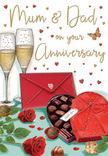 This illustrated anniversary card captures the warmth of a Gospel Oak celebration, as if a couple has set a small but meaningful display on their dining table before sitting down to toast. Two tall, elegant champagne flutes stand side by side, their transparent bodies filled with softly glowing golden fizz. The bubbles rise in delicate trails, catching the light and hinting at that satisfying clink when the glasses touch. In front, an open heart-shaped box of chocolates takes centre stage, its deep red lid tilted to reveal a generous assortment of truffles arranged in careful rows. The lid is adorned with a large, luxurious red bow, its satin loops almost shimmering, suggesting a gift chosen with love. Nestled close to the box are two rich red roses, fully open, their velvety petals forming layered whorls that feel as opulent as any bouquet delivered from a trusted Gospel Oak florist to homes off Savernake Road or near Mansfield Road. Fresh green leaves frame the blooms, adding a natural, uplifting contrast. To one side, a bright scarlet envelope, crisply folded and tightly sealed, stands as a quiet promise of heartfelt words written inside-perhaps a note to Mum & Dad or a message between lifelong partners reflecting on years of shared life. Floating across a light, neutral background, tiny hearts in gold and crimson drift like confetti, tying together the colours of the roses, ribbon, and champagne. The whole composition feels both indulgent and intimate, reminiscent of an anniversary evening spent at home after a walk on Hampstead Heath, where the scent of roses, the taste of chocolate, and the sparkle of champagne all become part of one tender, ongoing story.